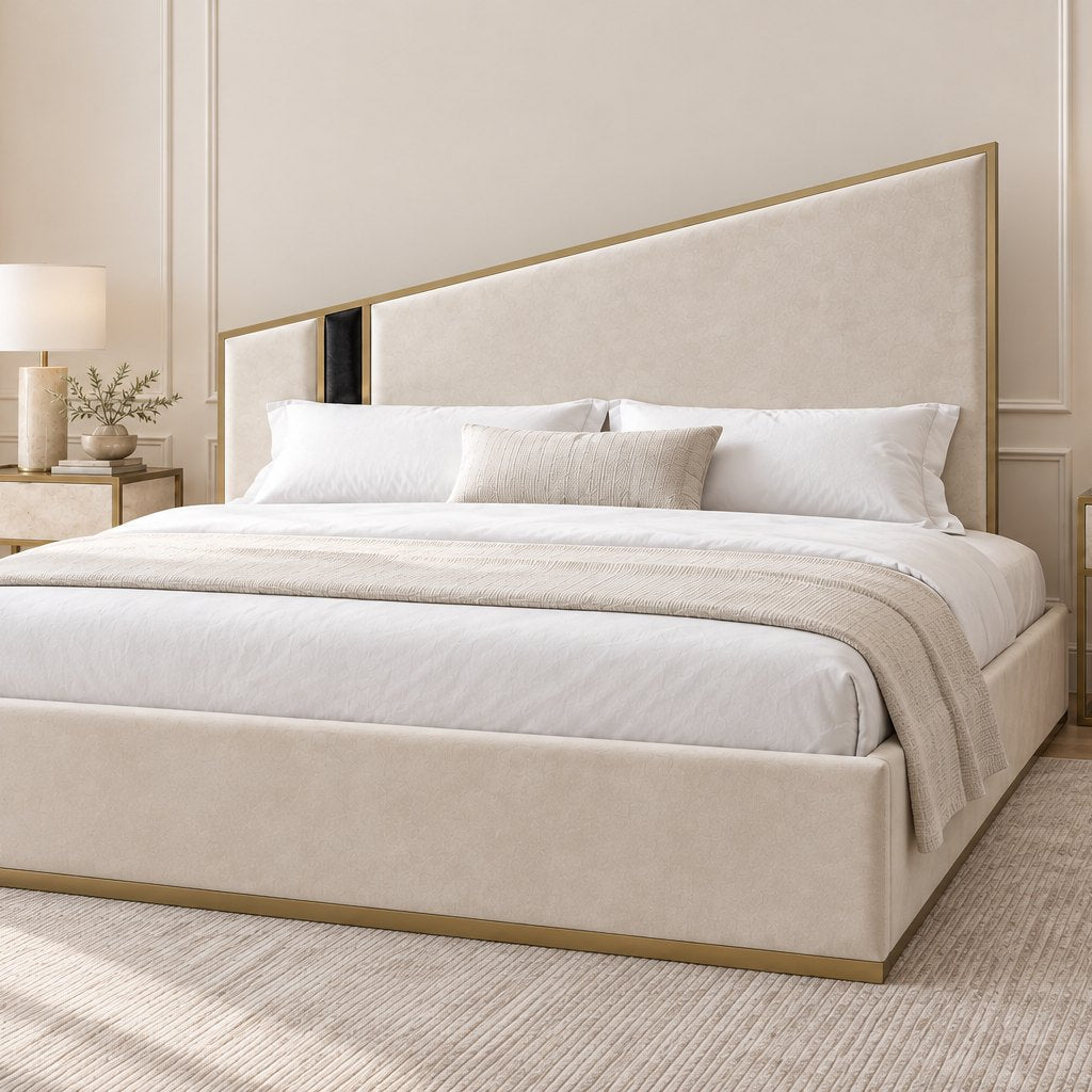 Spello bed in cream with black side panel, side view