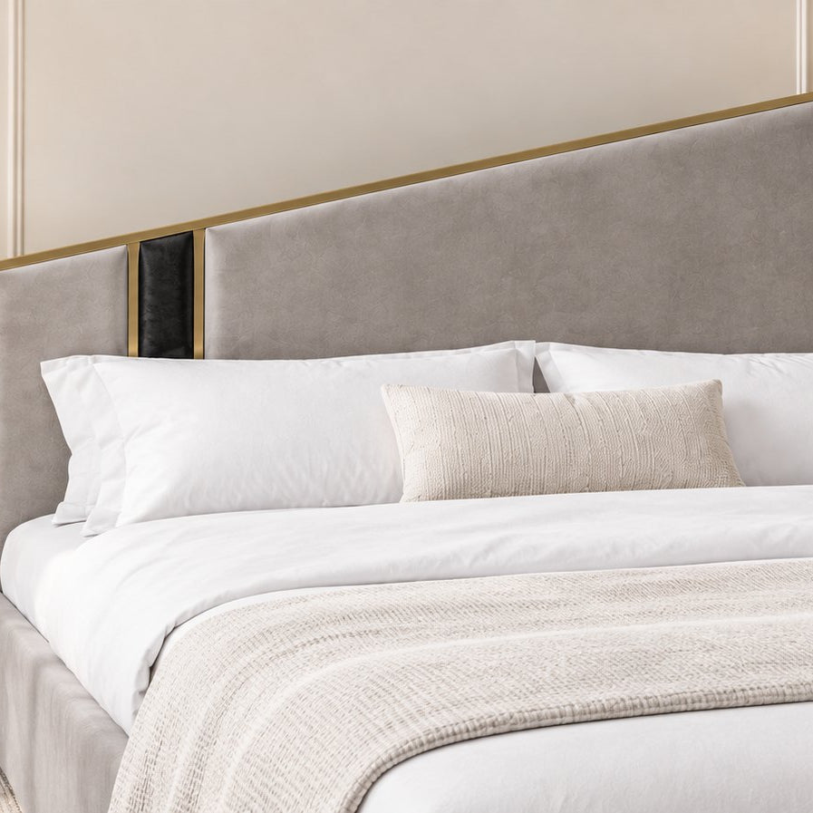 Spello bed in grey with black side panel, headboard close-up