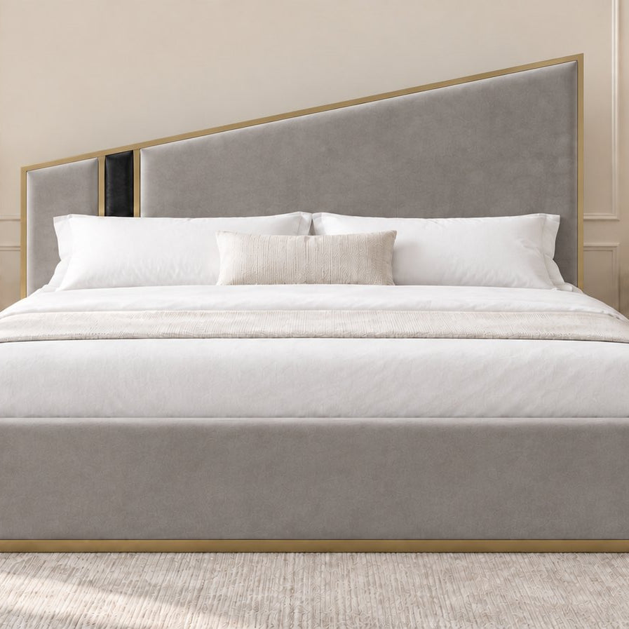 Spello bed in grey with black side panel, front view