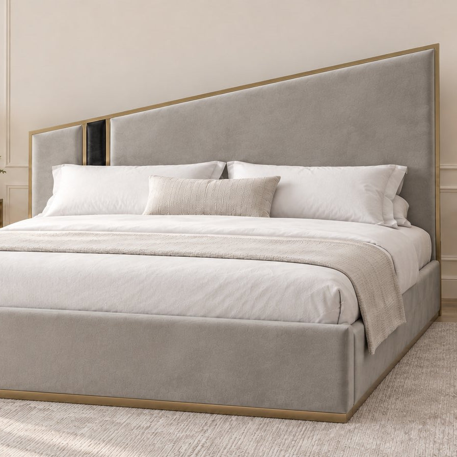 Spello bed in grey with black side panel, side view