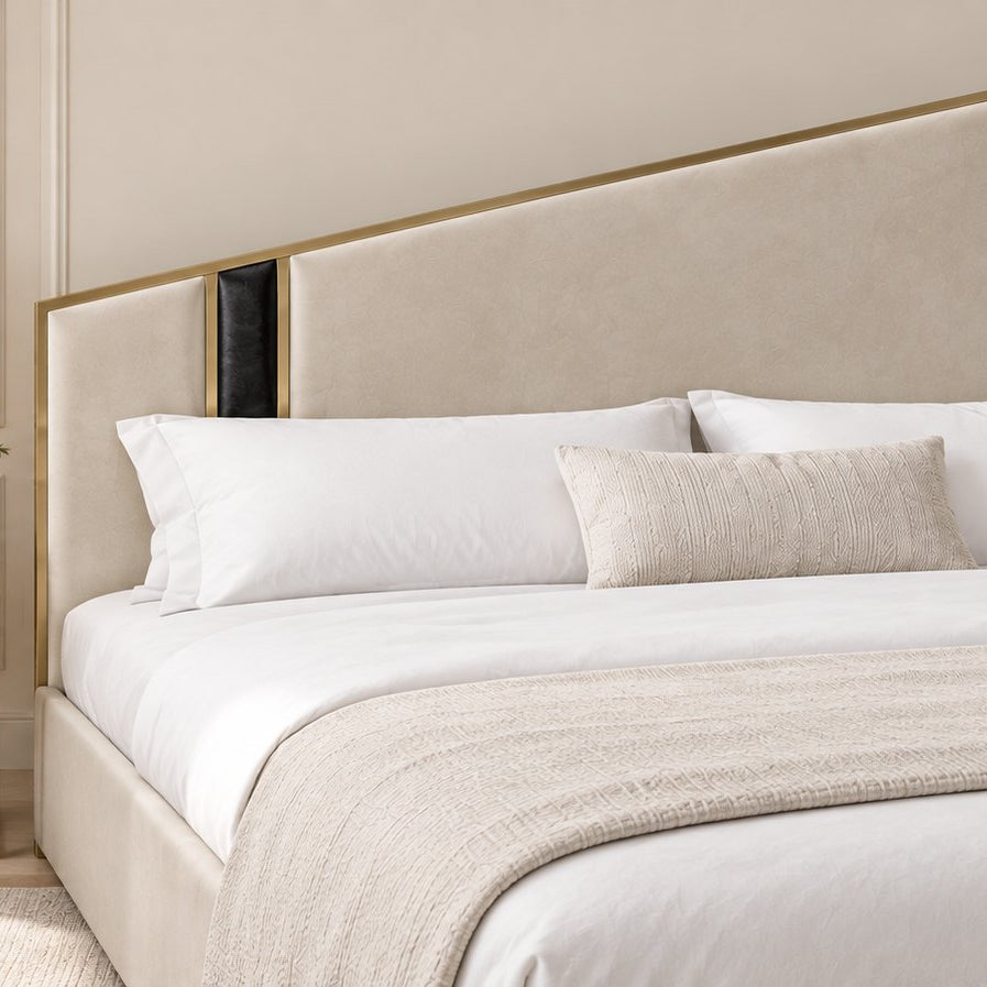 Spello bed in pebble with black side panel, headboard close-up