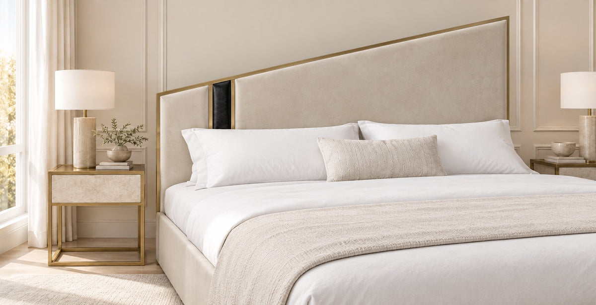 Spello bed in pebble with black side panel, headboard close-up