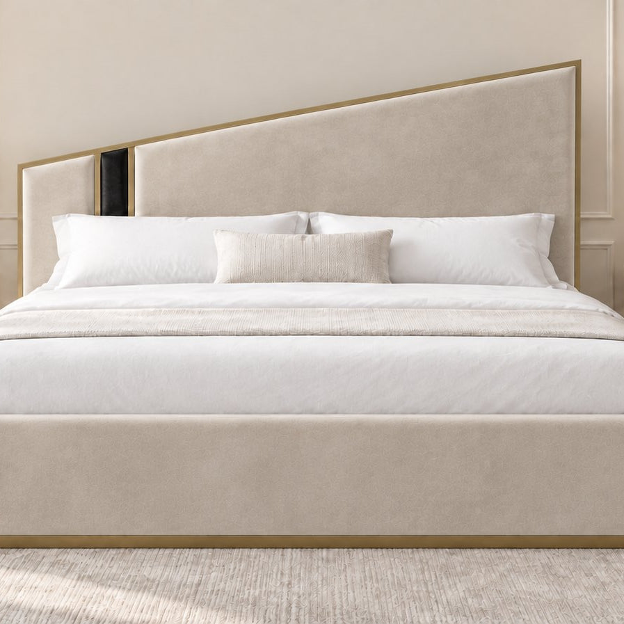 Spello bed in pebble with black side panel, front view