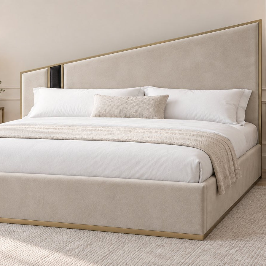 Spello bed in pebble with black side panel, side view