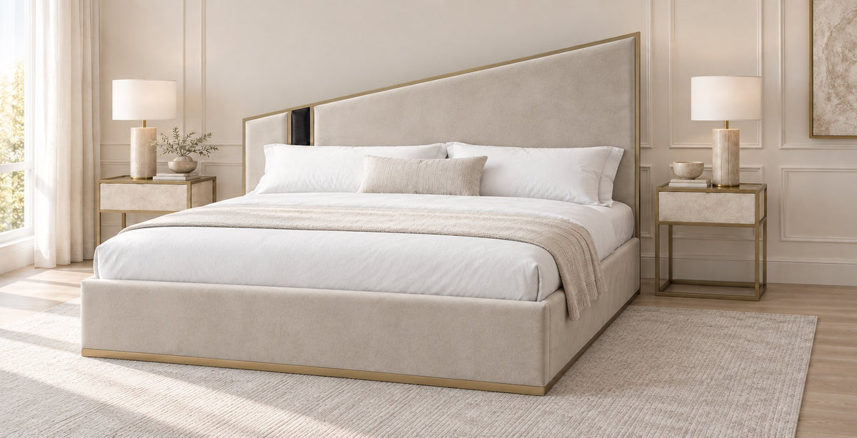 Spello bed in pebble with black side panel, side view
