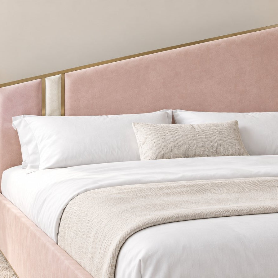 Spello bed in pink with cream side panel, headboard close-up