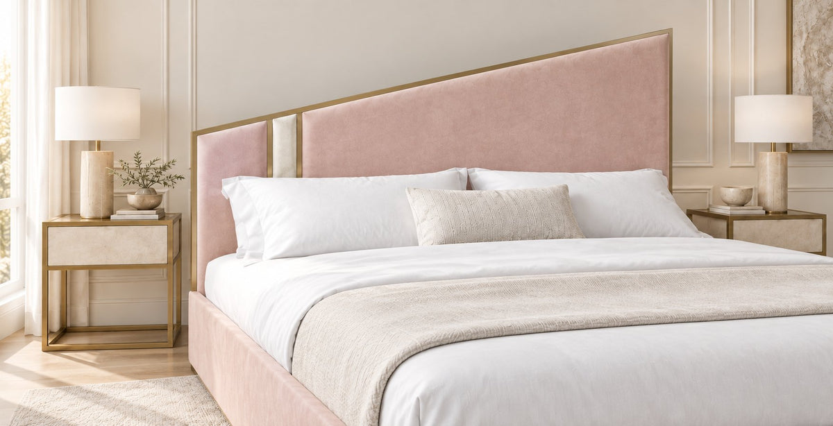Spello bed in pink with cream side panel, headboard close-up
