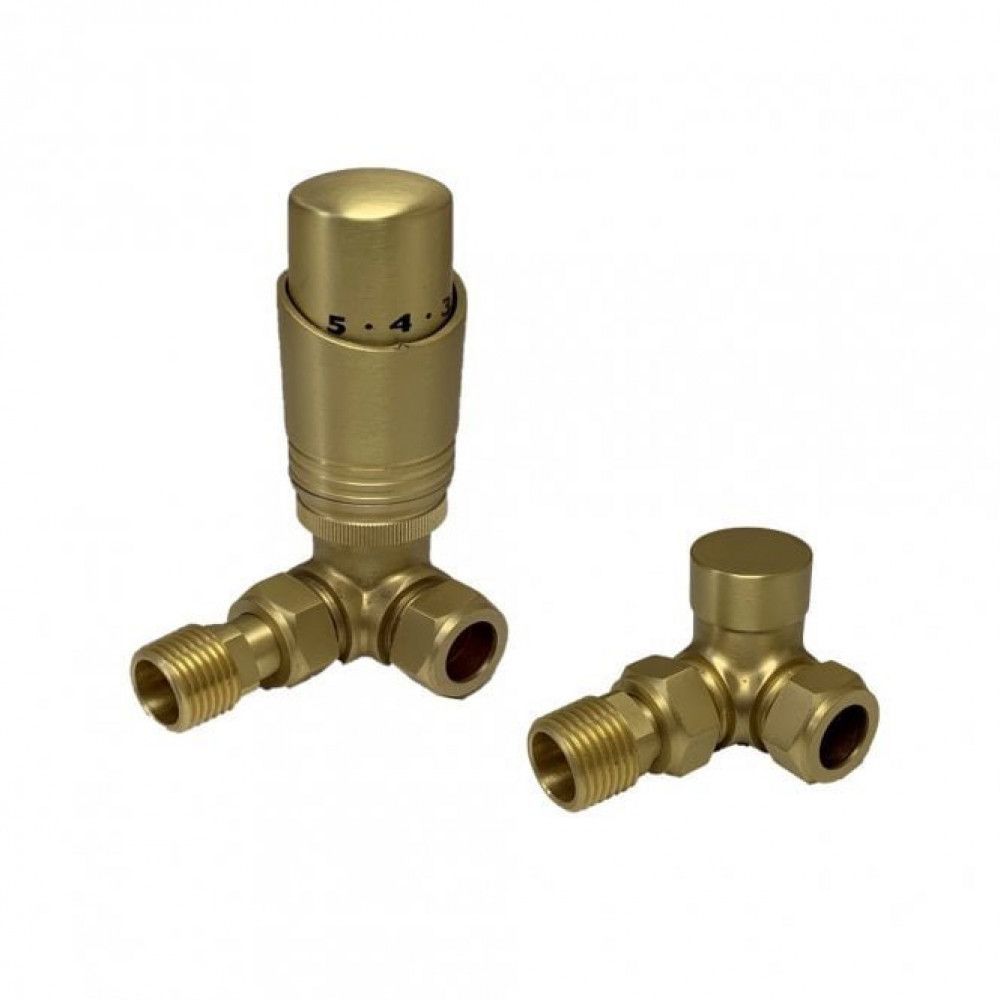 ThermoFlux Brushed Brass Corner Thermostatic Radiator Valves (Twin Pack)
