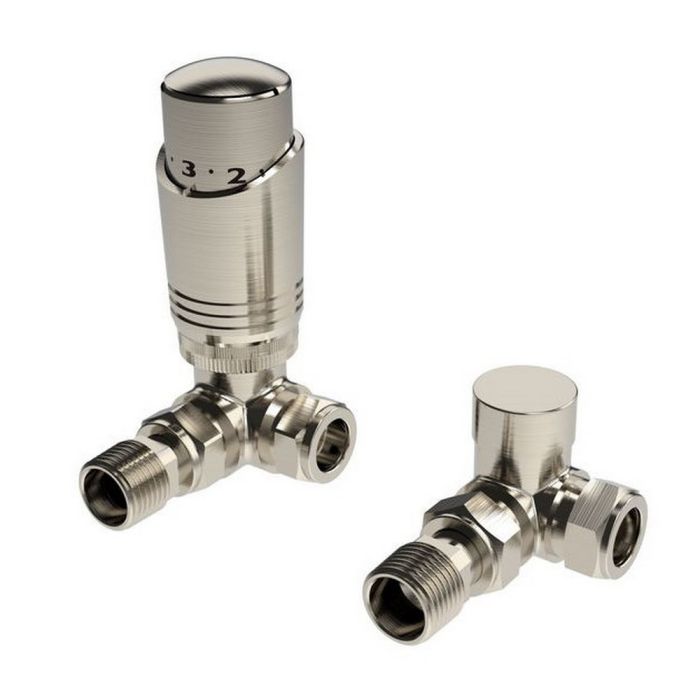 ThermoFlux Brushed Nickel Corner Thermostatic Radiator Valves (Twin Pack)