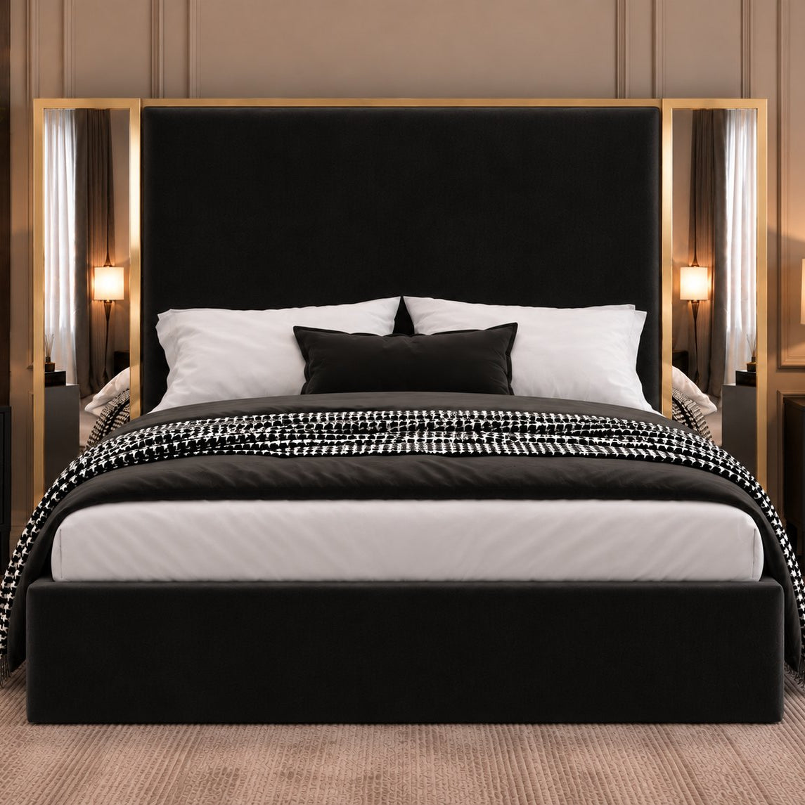 Todi bed in black with gold metal frame, front view