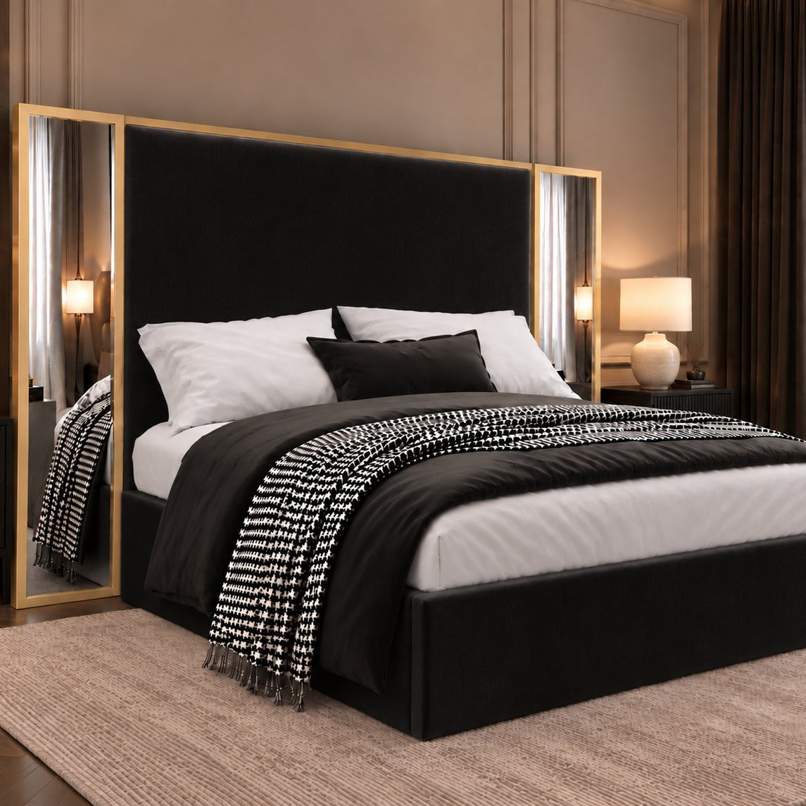 Todi bed in black with gold metal frame, side view