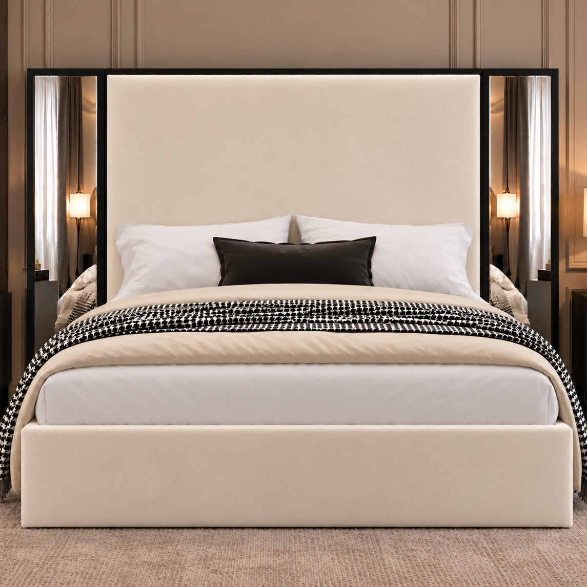 Todi bed in cream with black metal frame, front view