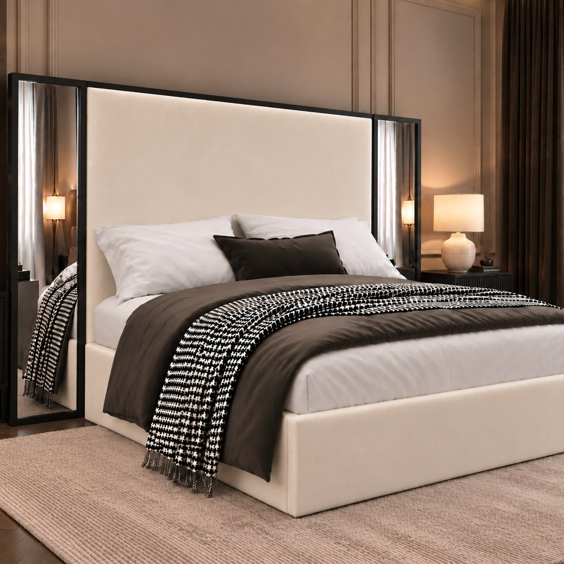 Todi bed in cream with black metal frame, side view