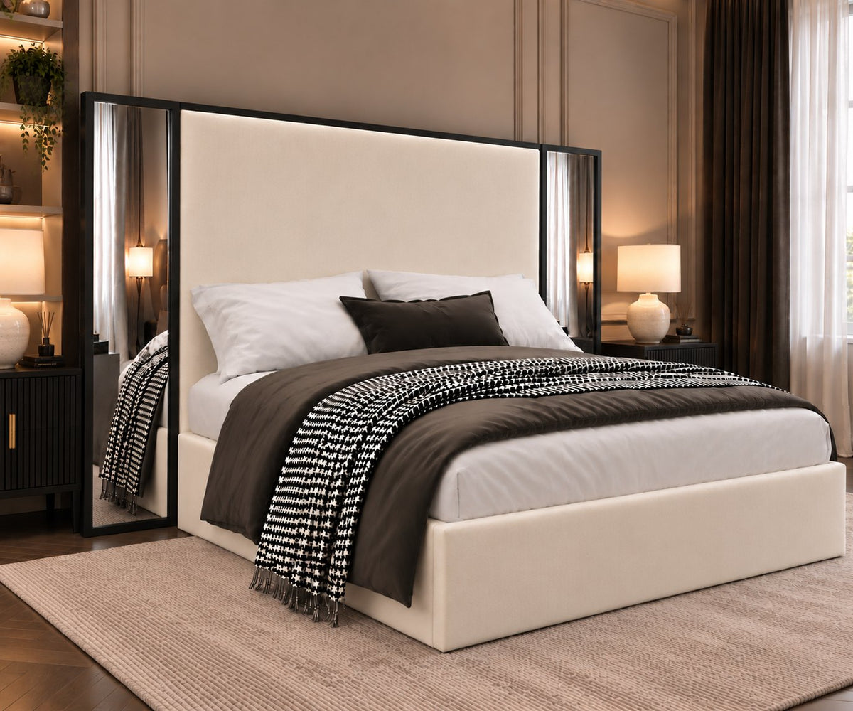 Todi bed in cream with black metal frame, side view