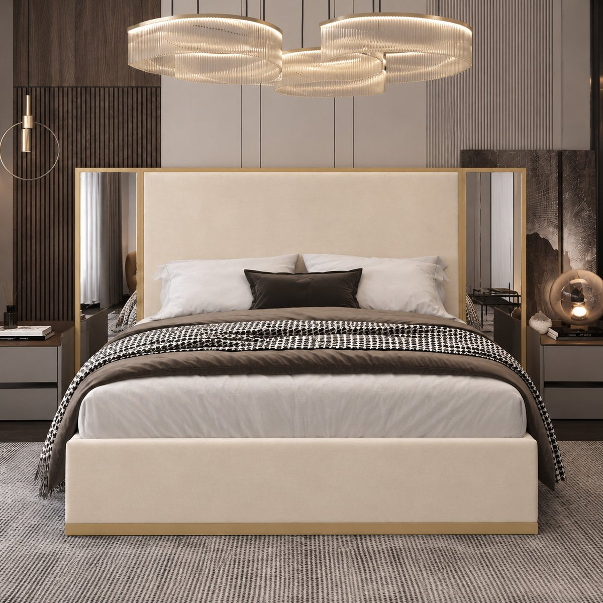 Todi bed in cream with gold metal frame (second room setting), front view