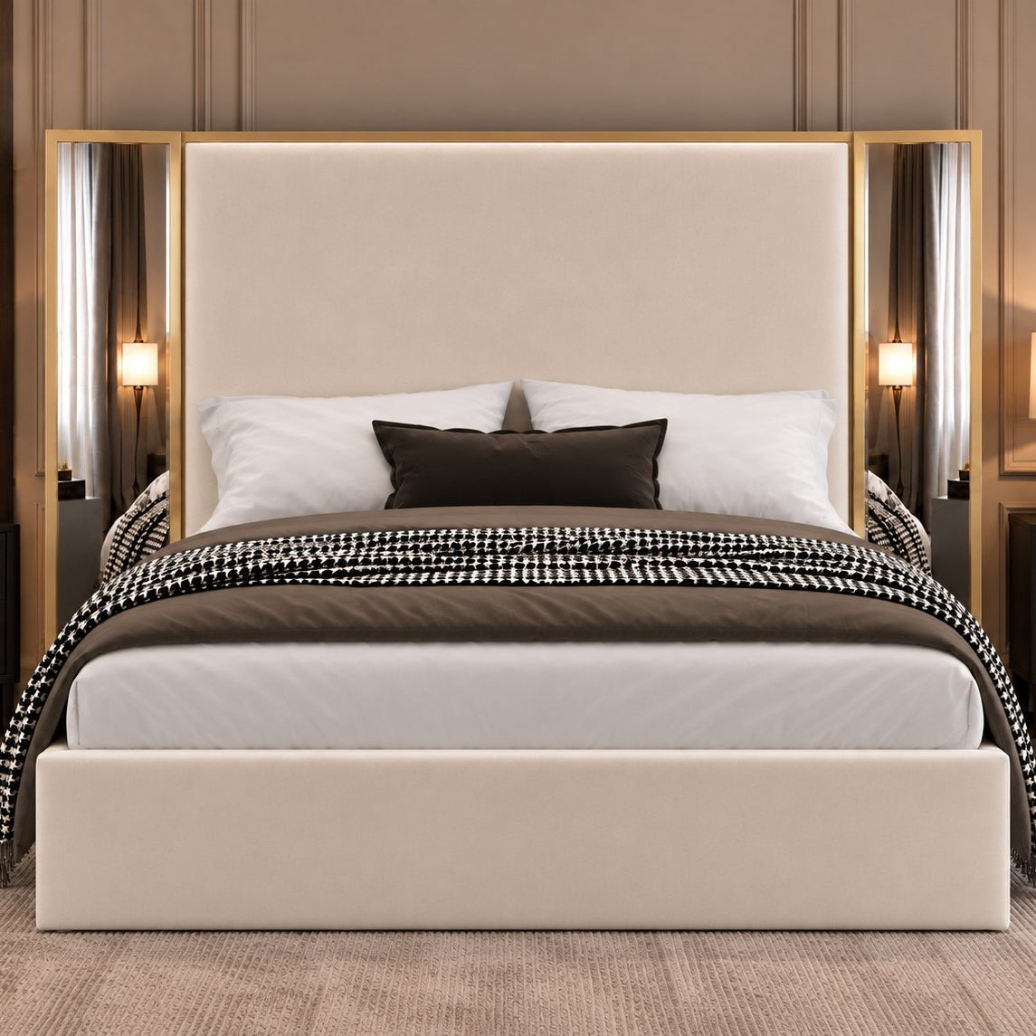 Todi bed in cream with gold metal frame, front view