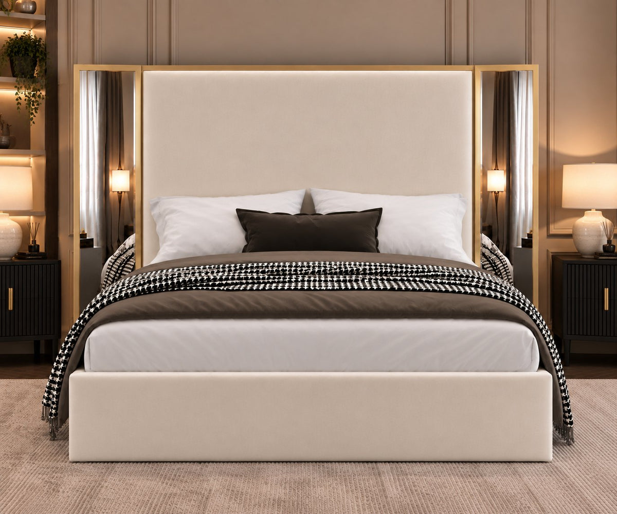 Todi bed in cream with gold metal frame, front view