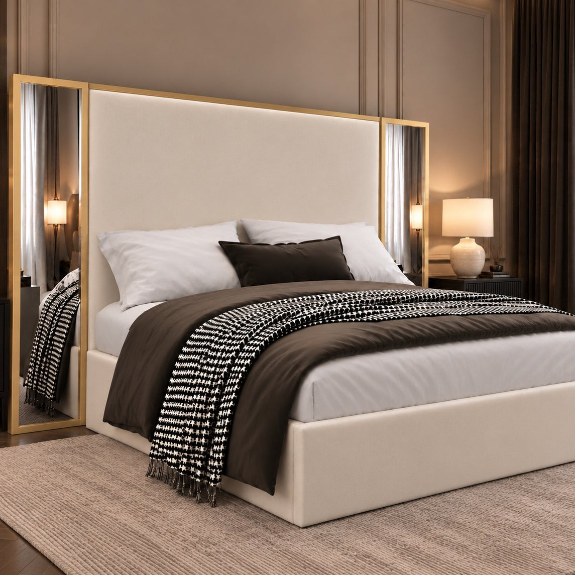 Todi bed in cream with gold metal frame, side view