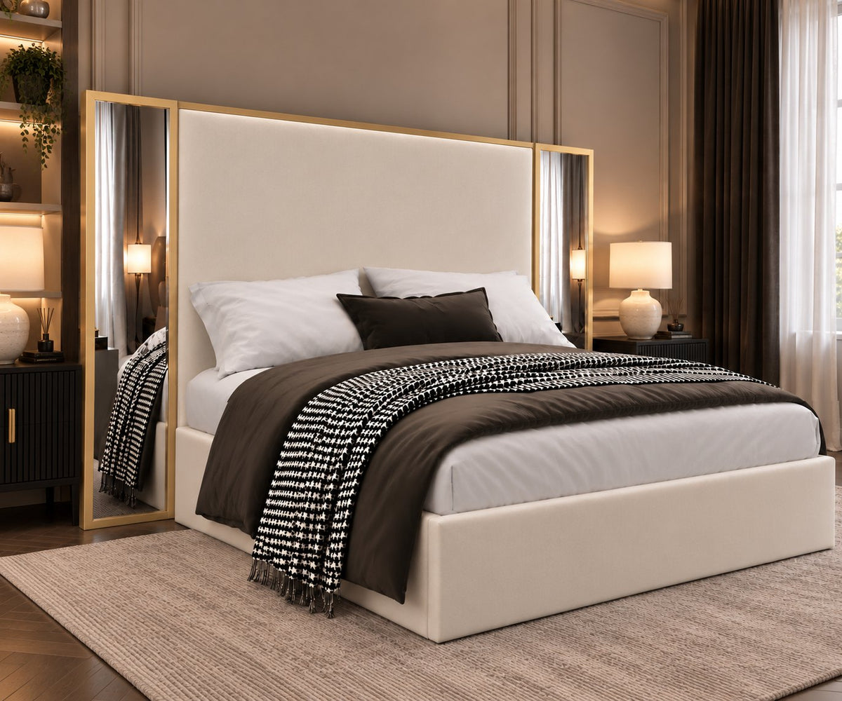 Todi bed in cream with gold metal frame, side view