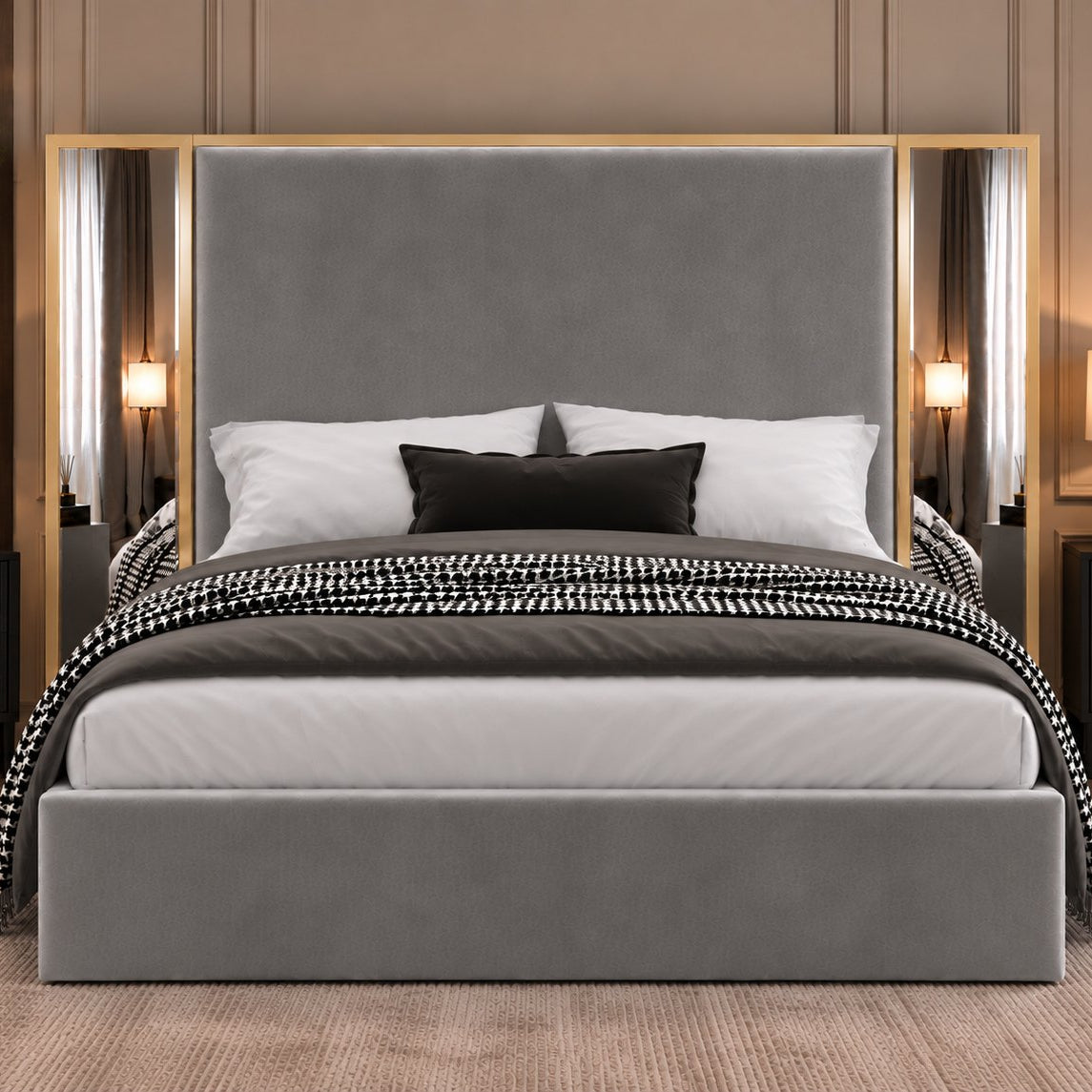 Todi bed in grey with gold metal frame, front view