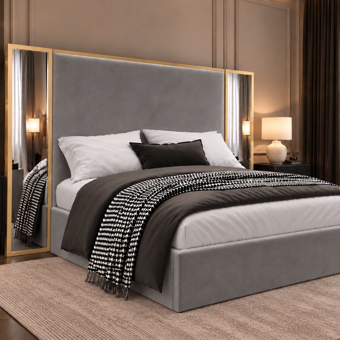 Todi bed in grey with gold metal frame, side view