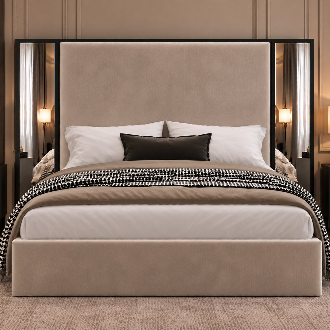 Todi bed in pebble with black metal frame, front view
