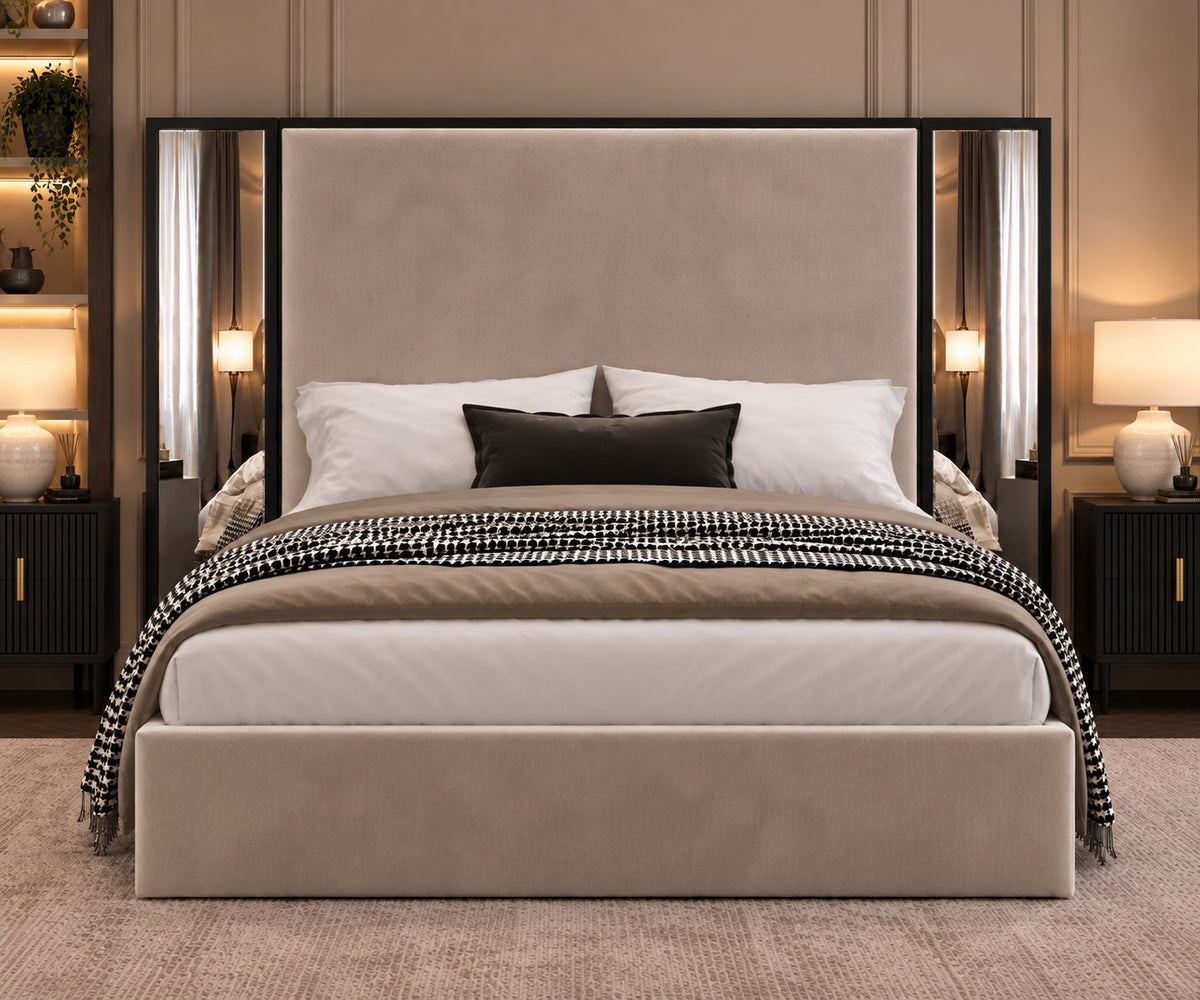 Todi bed in pebble with black metal frame, front view