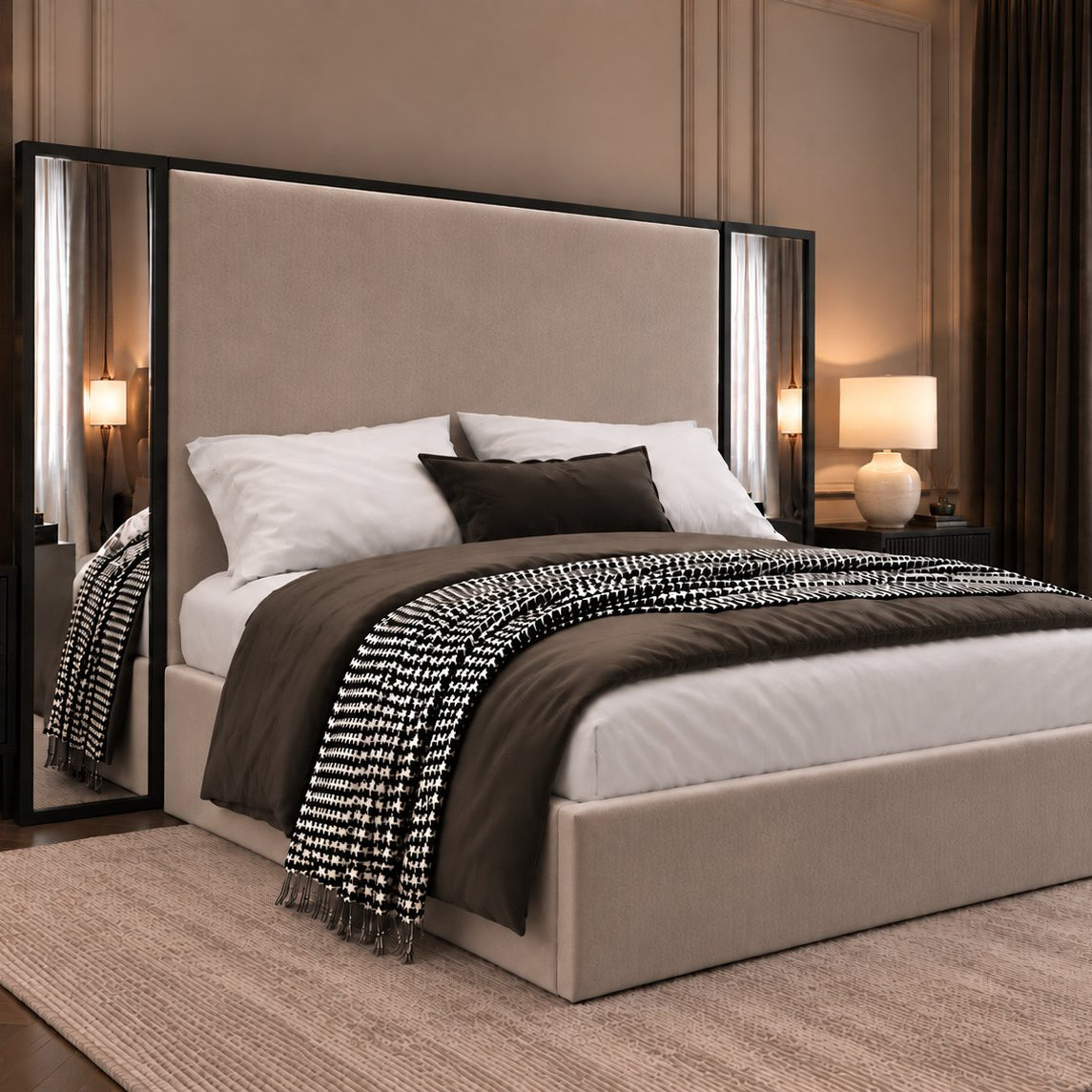 Todi bed in pebble with black metal frame, side view