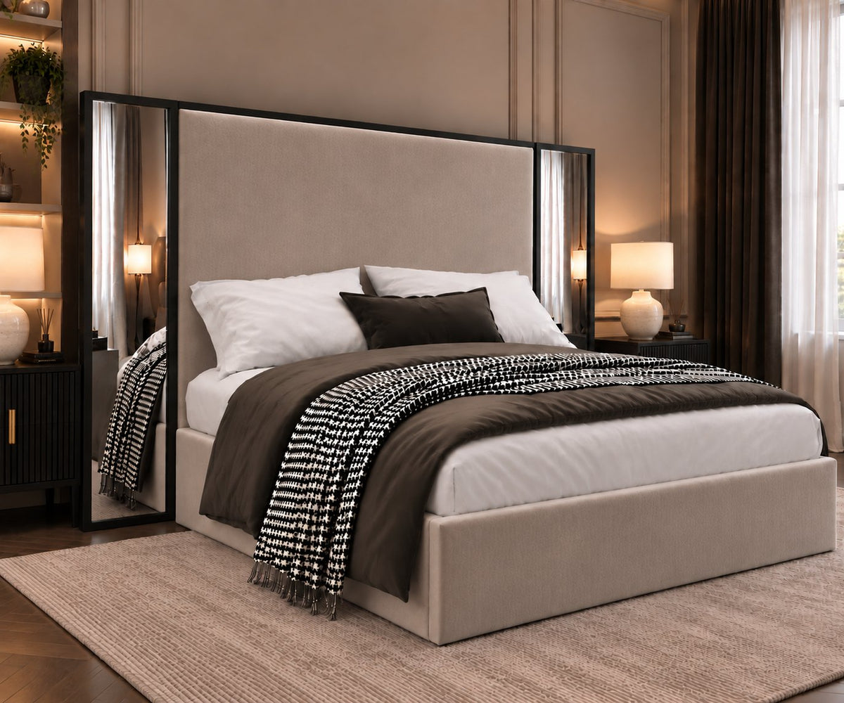 Todi bed in pebble with black metal frame, side view