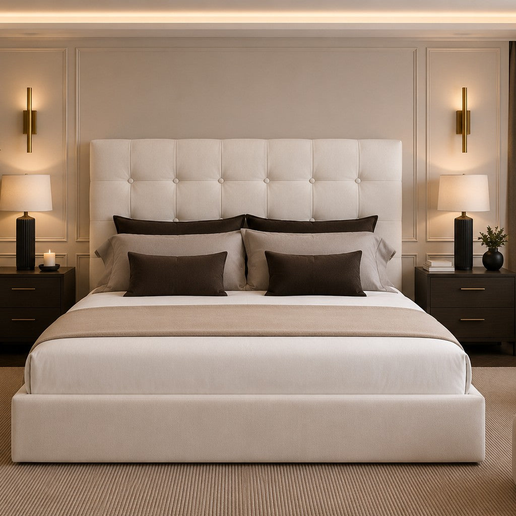 Torino Cube Button Tufted Tall Headboard Upholstered Bed Frame