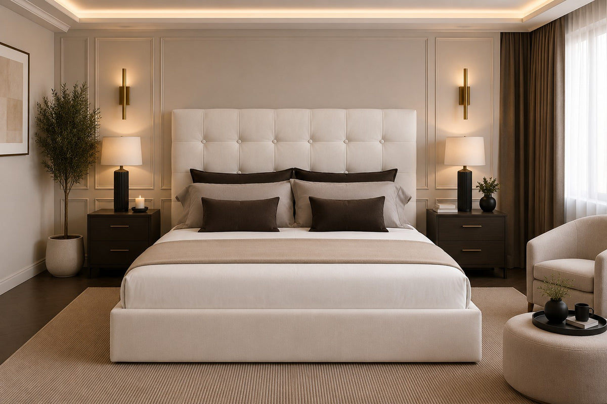 Torino Cube Button Tufted Tall Headboard Upholstered Bed Frame