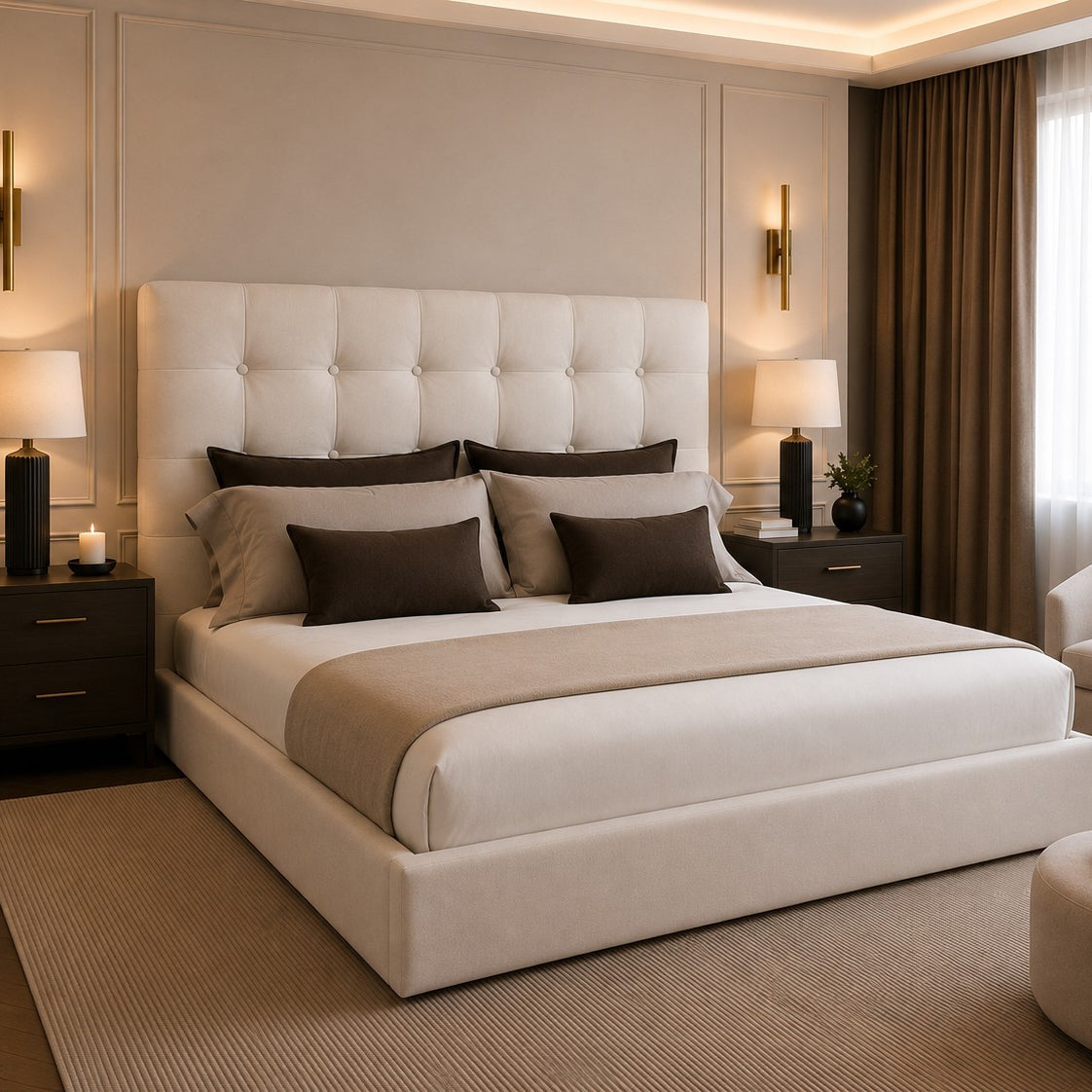 Torino Cube Button Tufted Tall Headboard Upholstered Bed Frame
