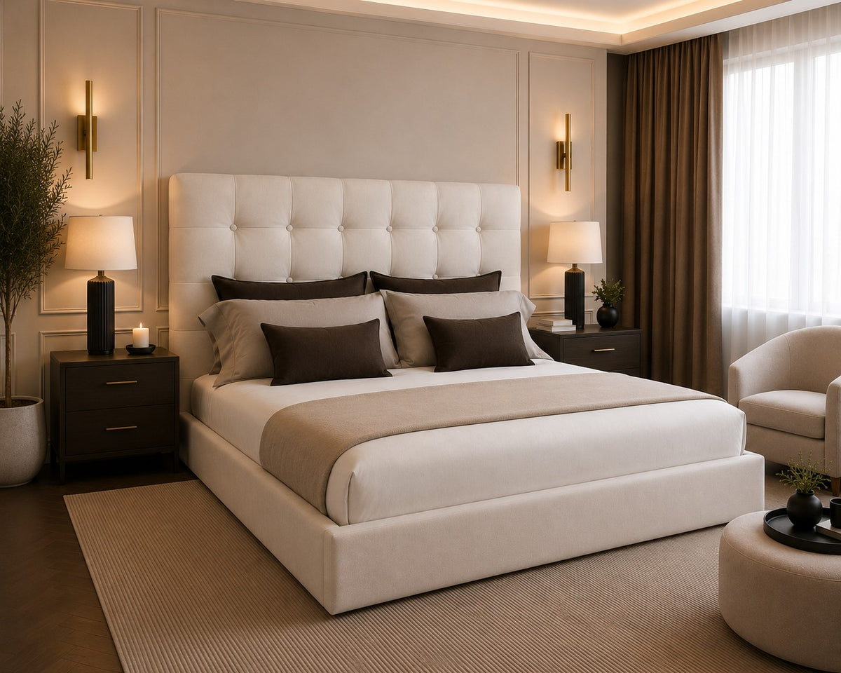 Torino Cube Button Tufted Tall Headboard Upholstered Bed Frame