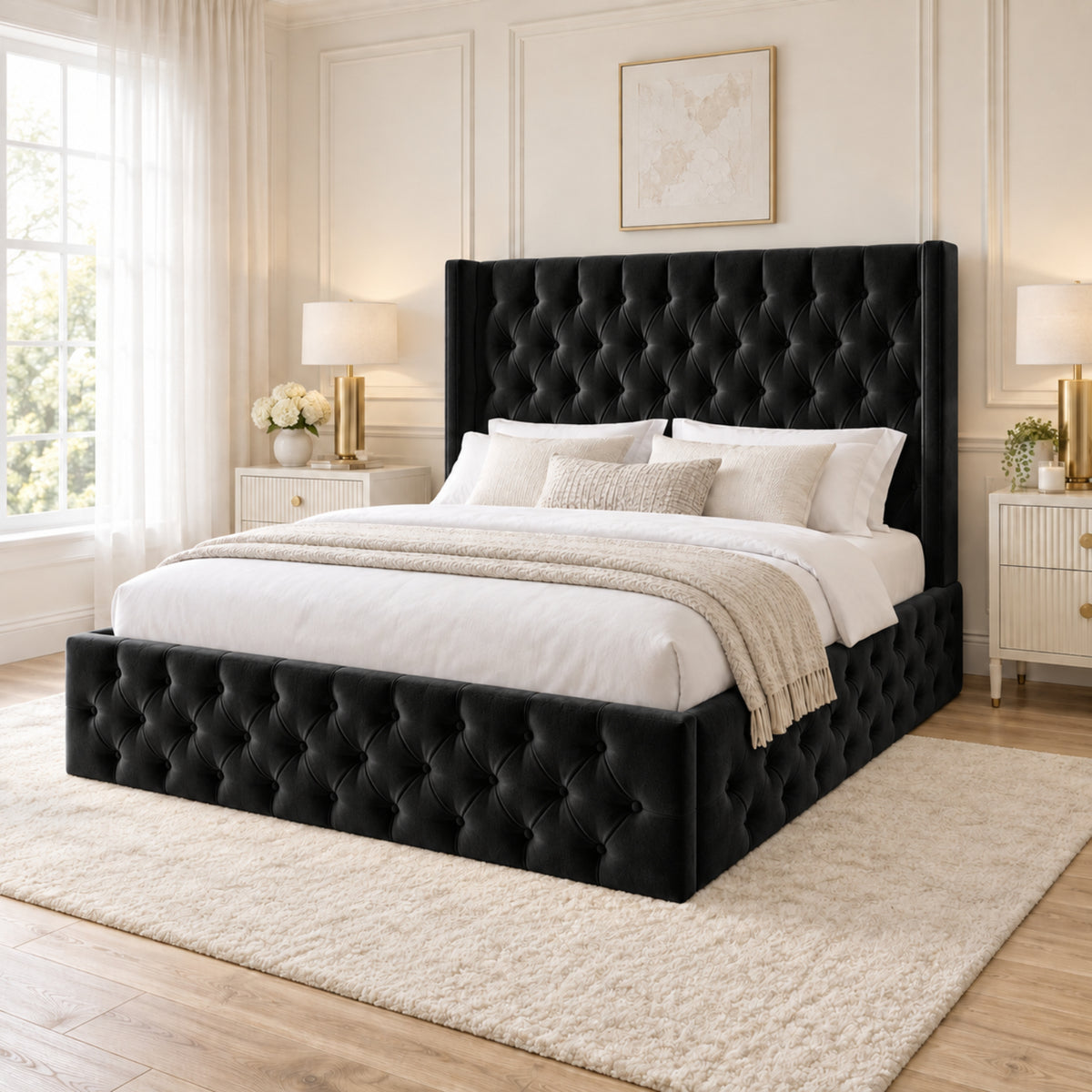 Turin Straight Winged Upholstered Soft Velvet Bed Frame