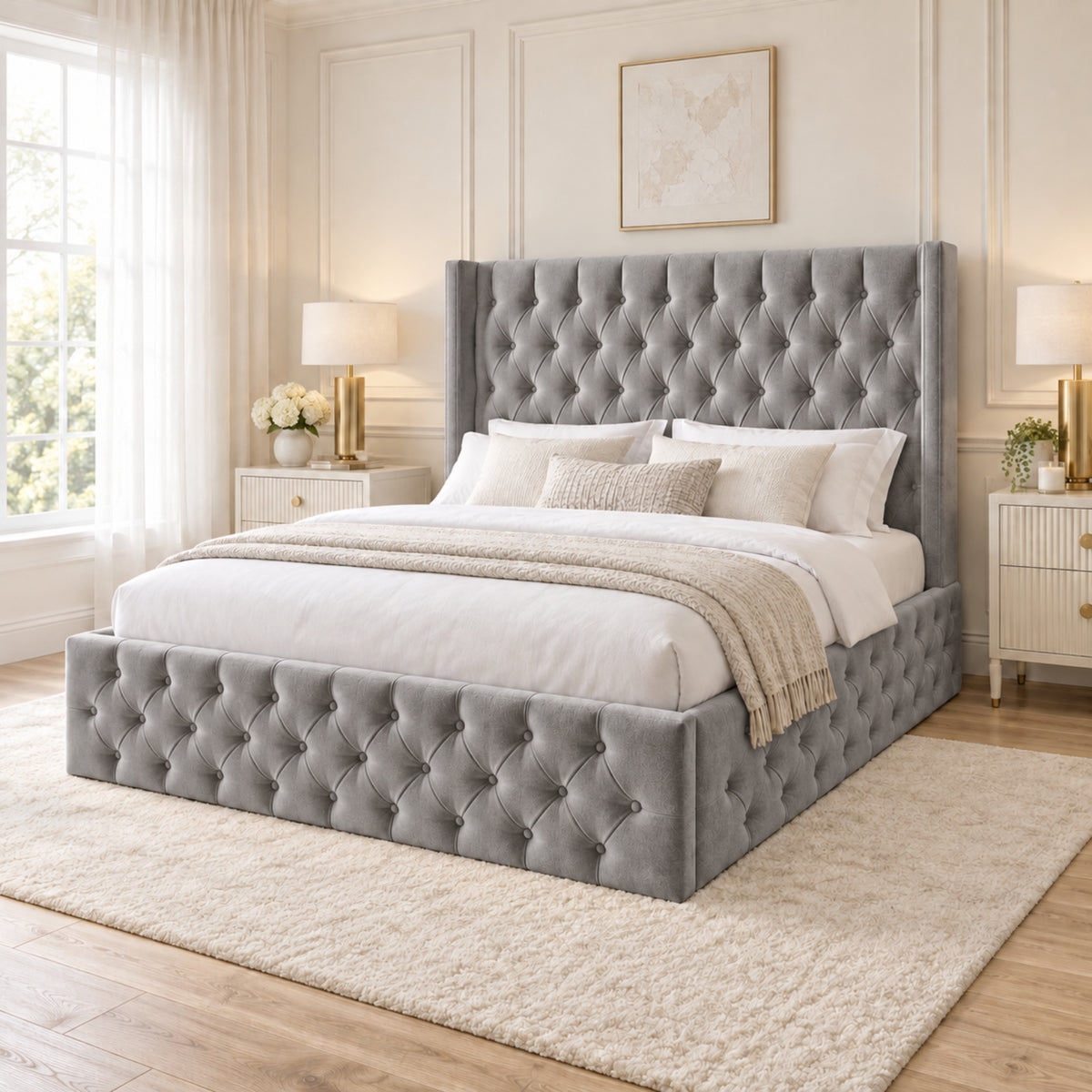 Turin Straight Winged Upholstered Soft Velvet Bed Frame