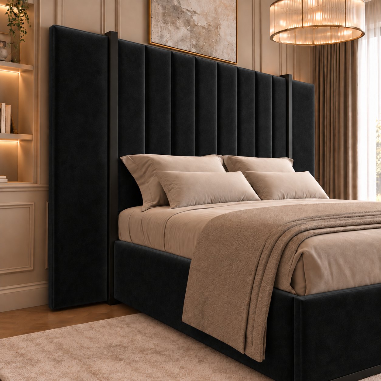 Varese bed in black with black metal frame, headboard close-up
