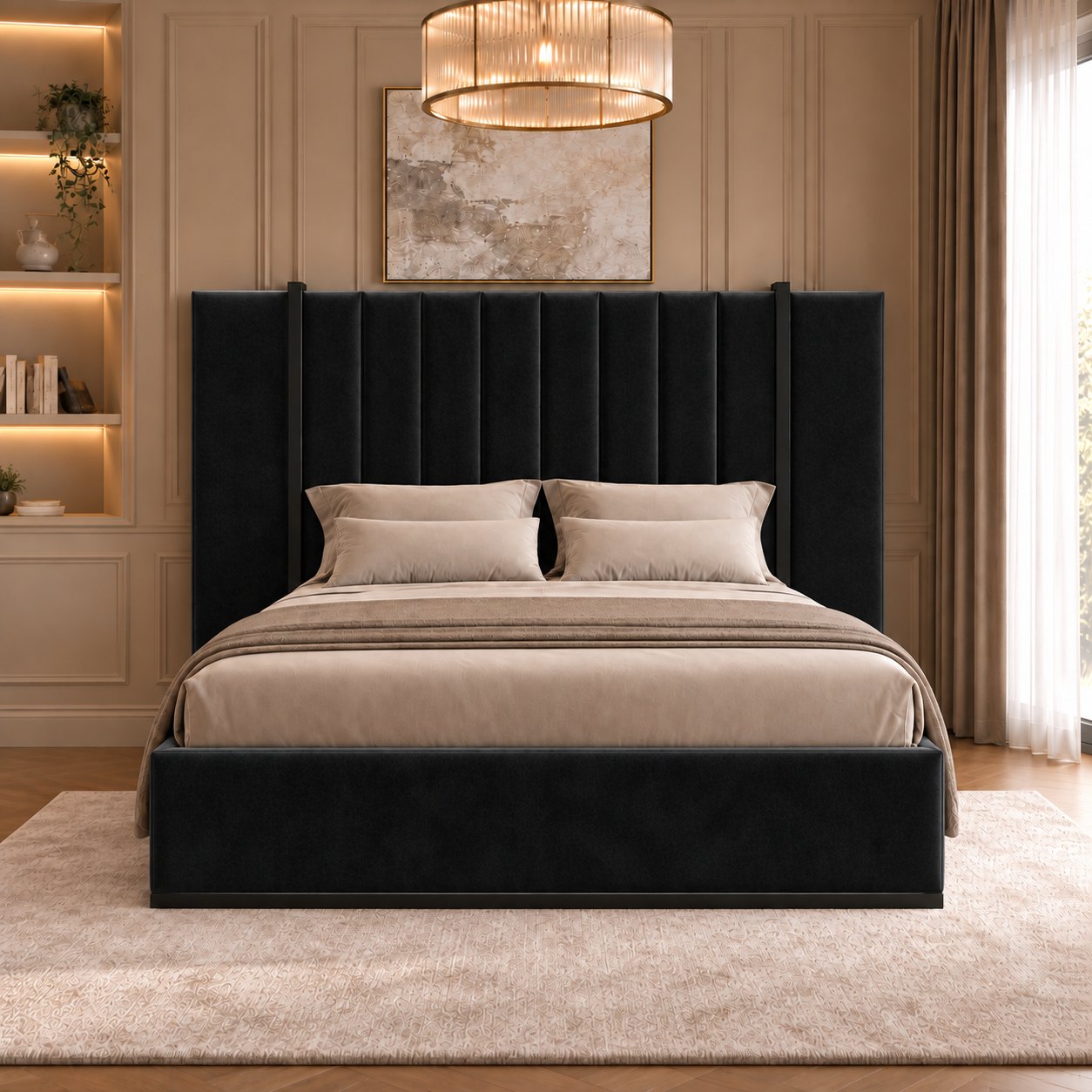Varese bed in black with black metal frame, front view