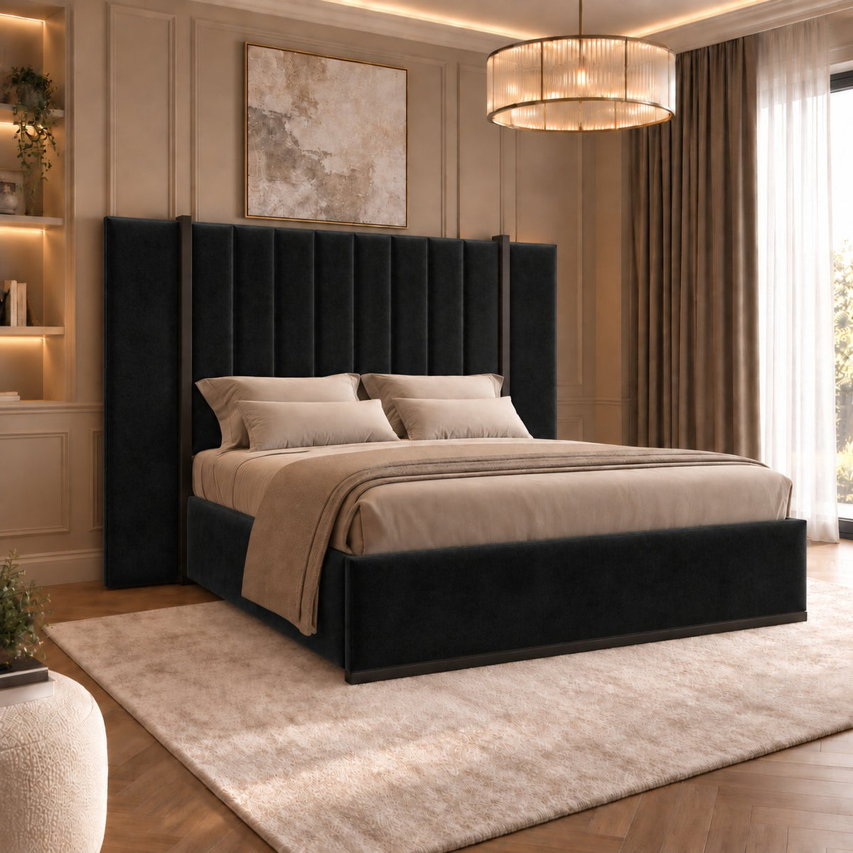 Varese bed in black with black metal frame, side view