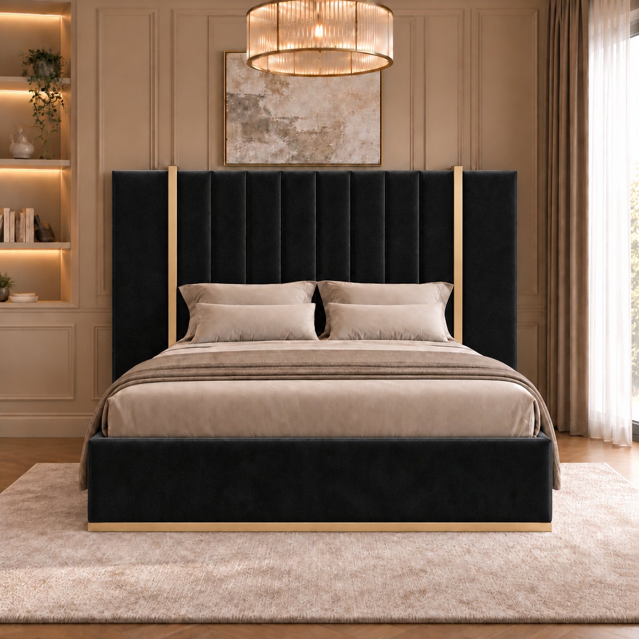 Varese bed in black with gold metal frame, front view