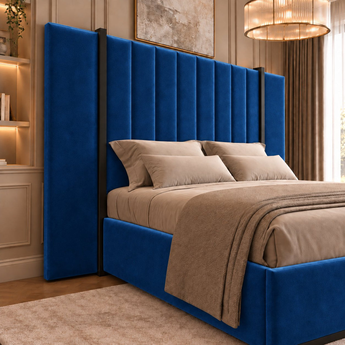 Varese bed in blue with black metal frame, headboard close-up