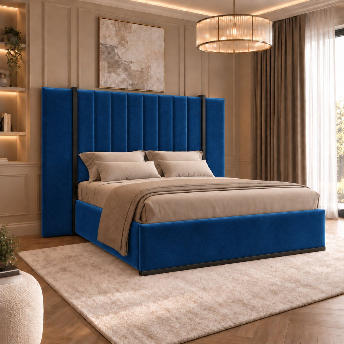Varese bed in blue with black metal frame, side view