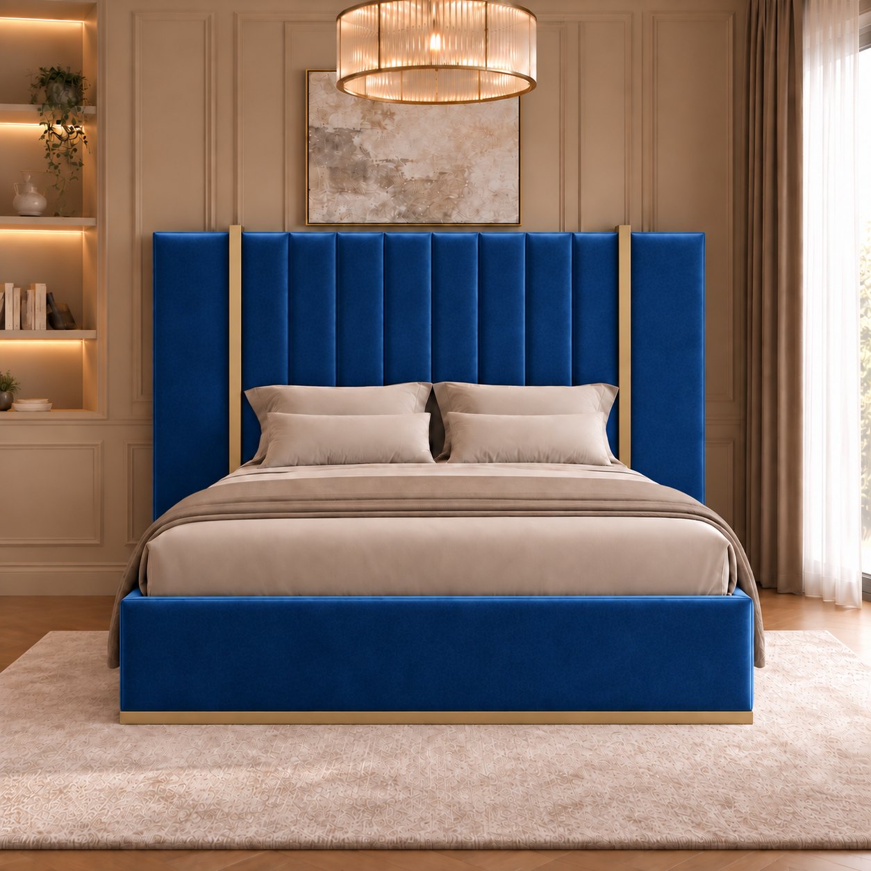Varese bed in blue with gold metal frame, front view