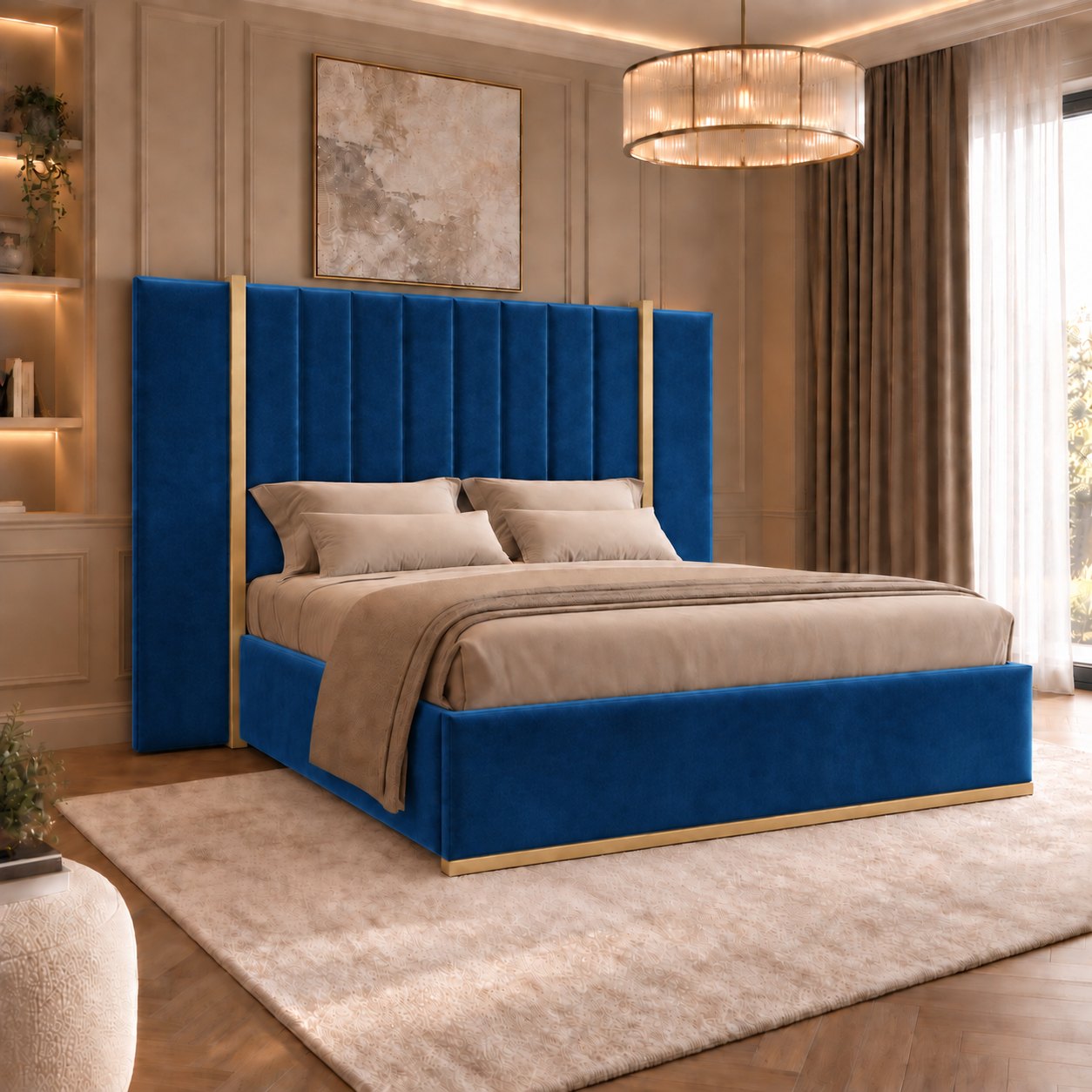 Varese bed in blue with gold metal frame, side view