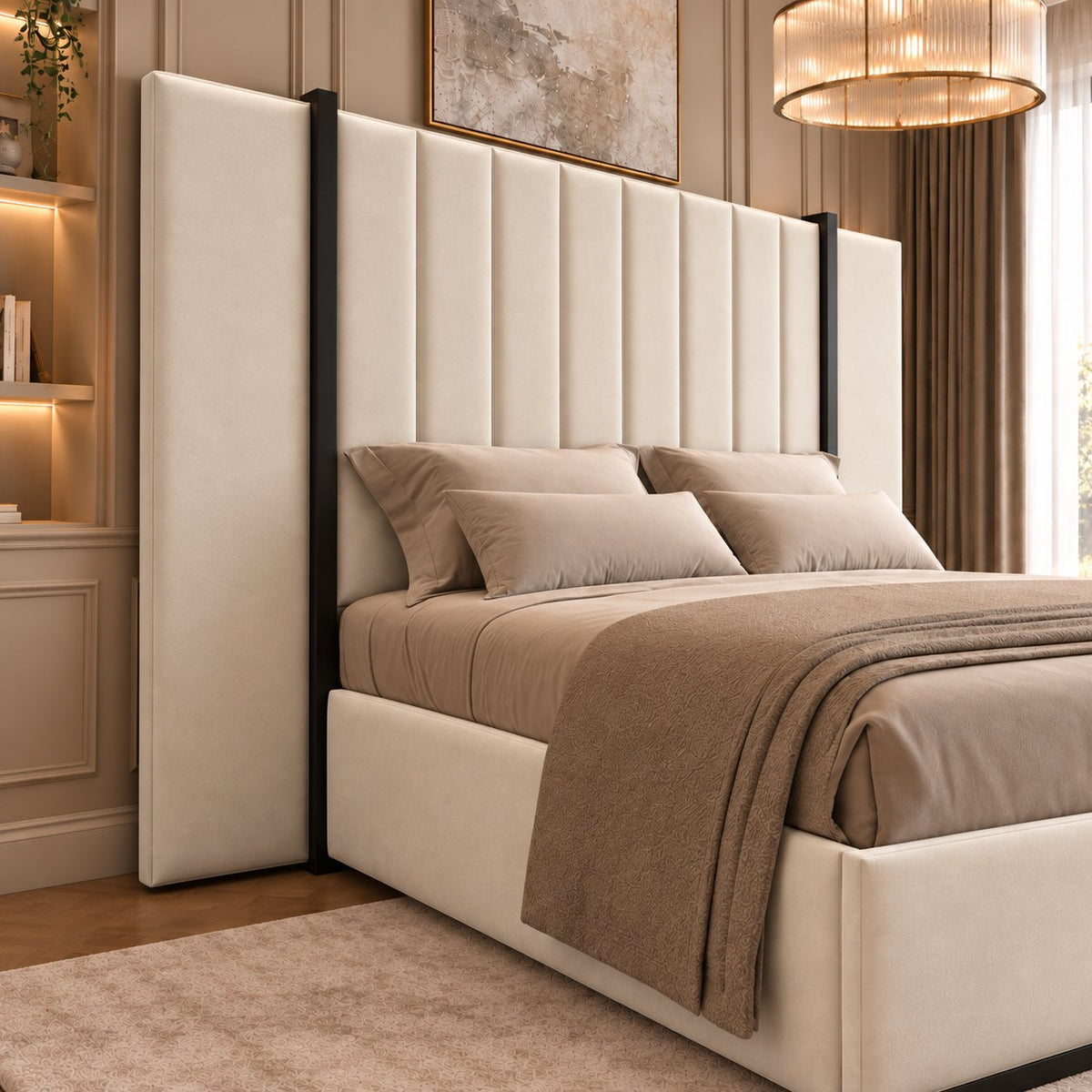 Varese bed in cream with black metal frame, headboard close-up