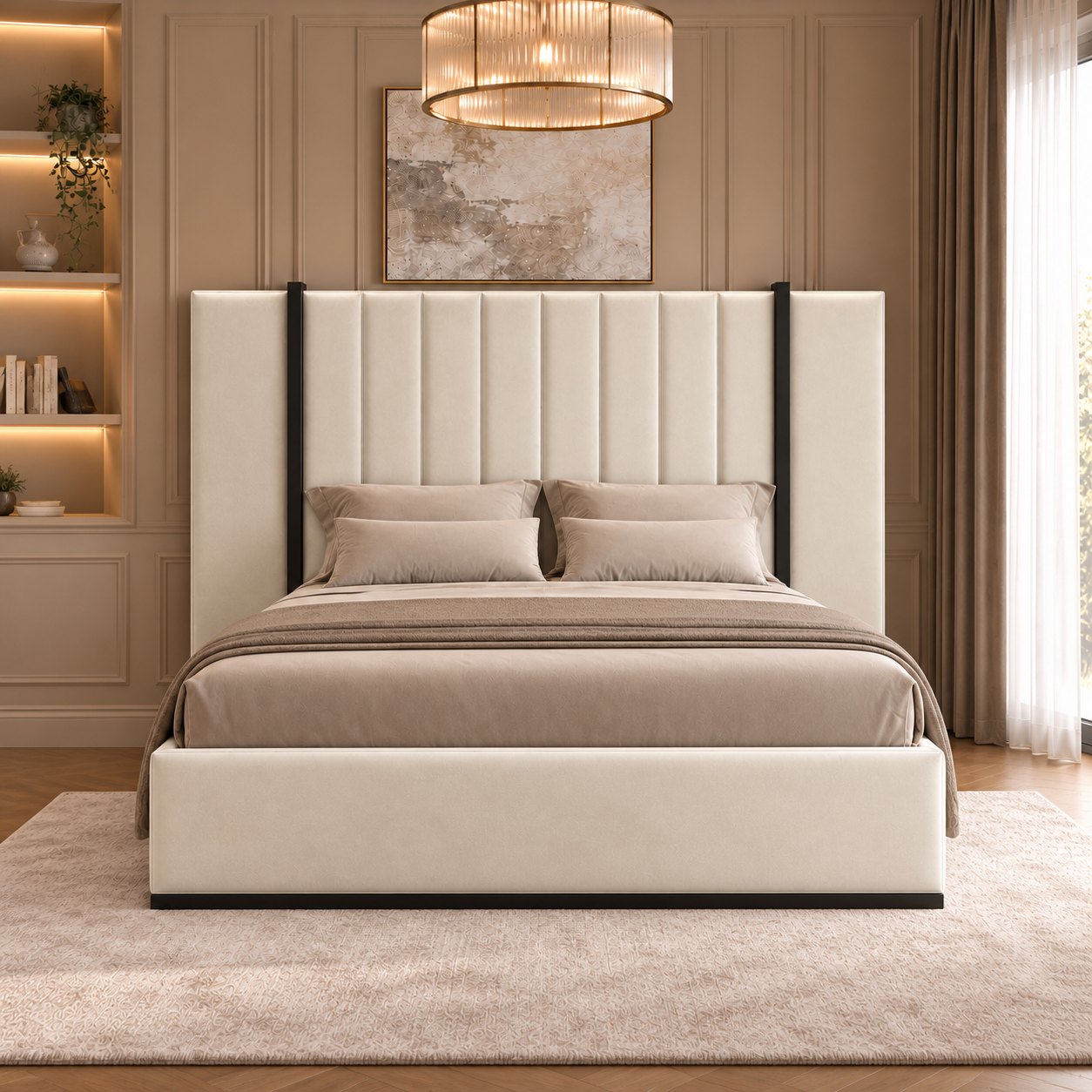 Varese bed in cream with black metal frame, front view