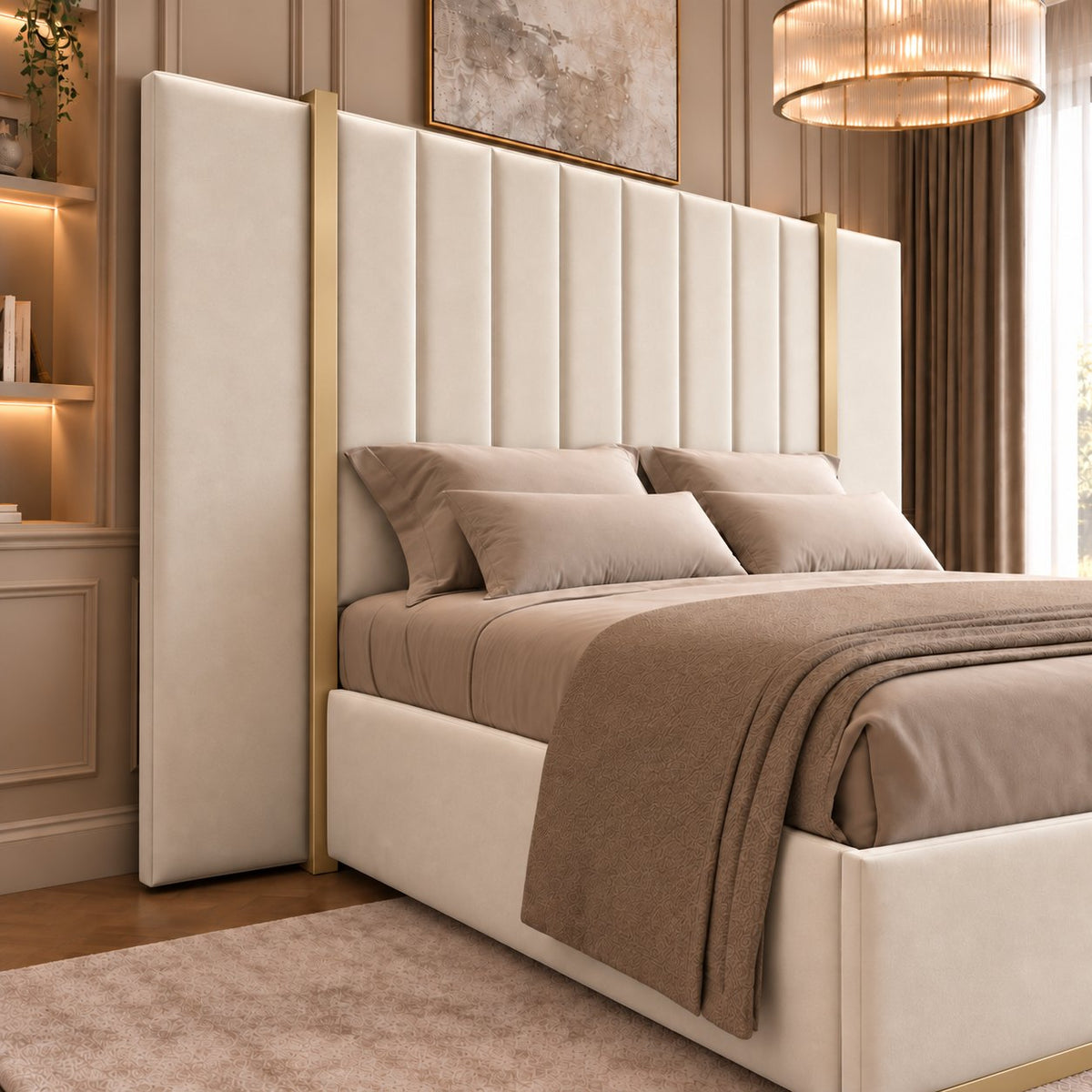 Varese bed in cream with gold metal frame, headboard close-up
