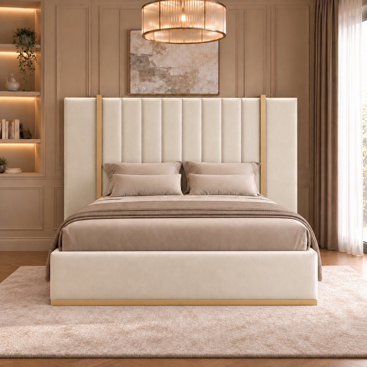 Varese bed in cream with gold metal frame, front view