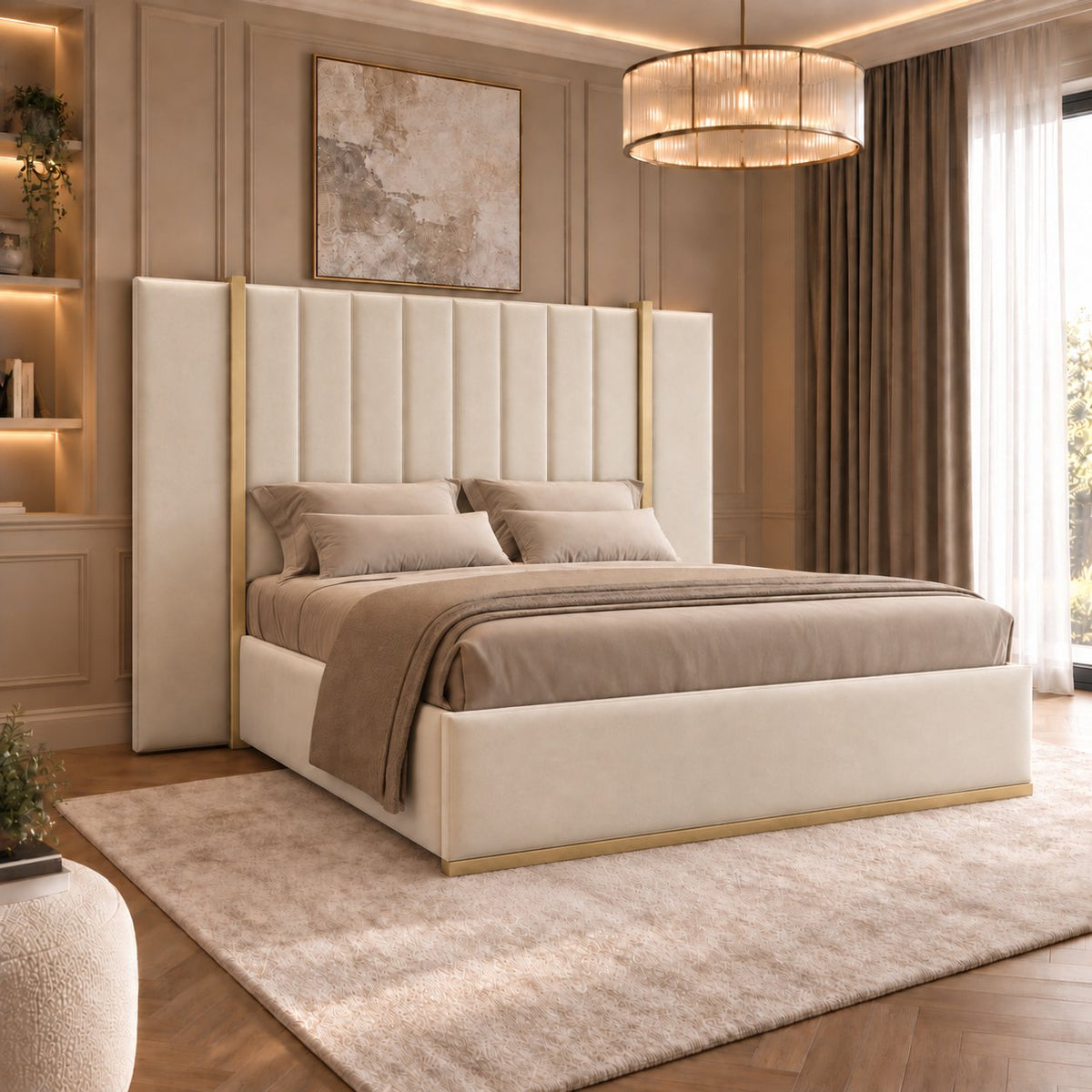 Varese bed in cream with gold metal frame, side view