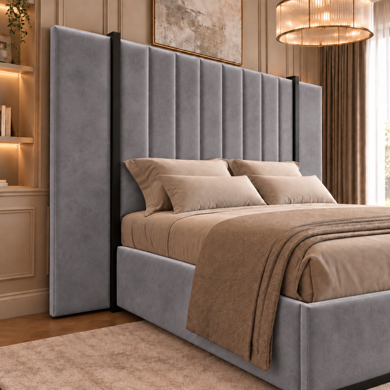 Varese bed in grey with black metal frame, headboard close-up