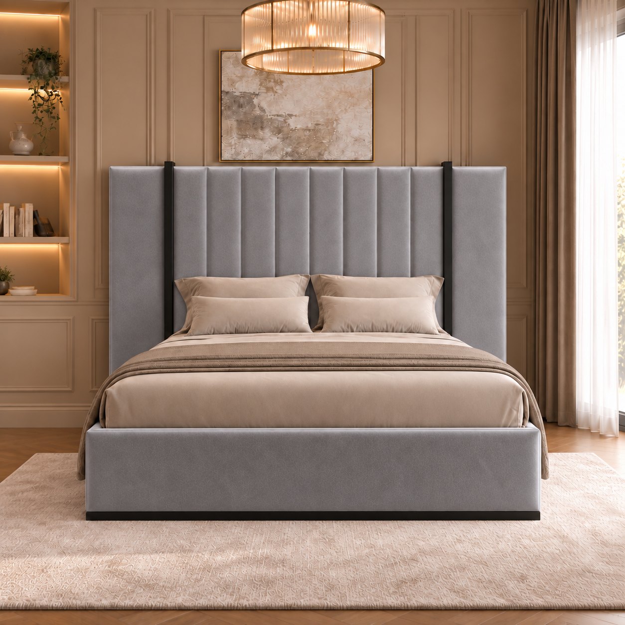 Varese bed in grey with black metal frame, front view